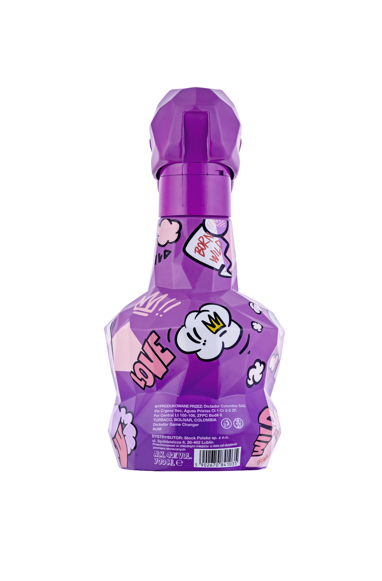 The back view of the Dictador Game Changer violet bottle.