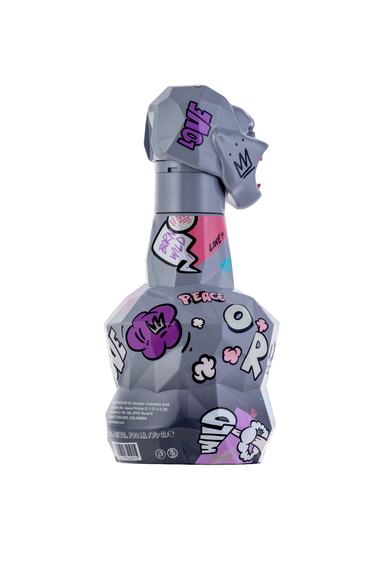 The left-side view of the Dictador Game Changer grey bottle.